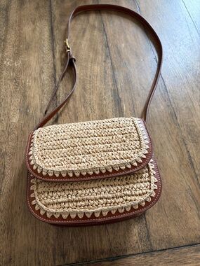 Mango Natural Straw and Brown Leather Trim Crossbody Bag